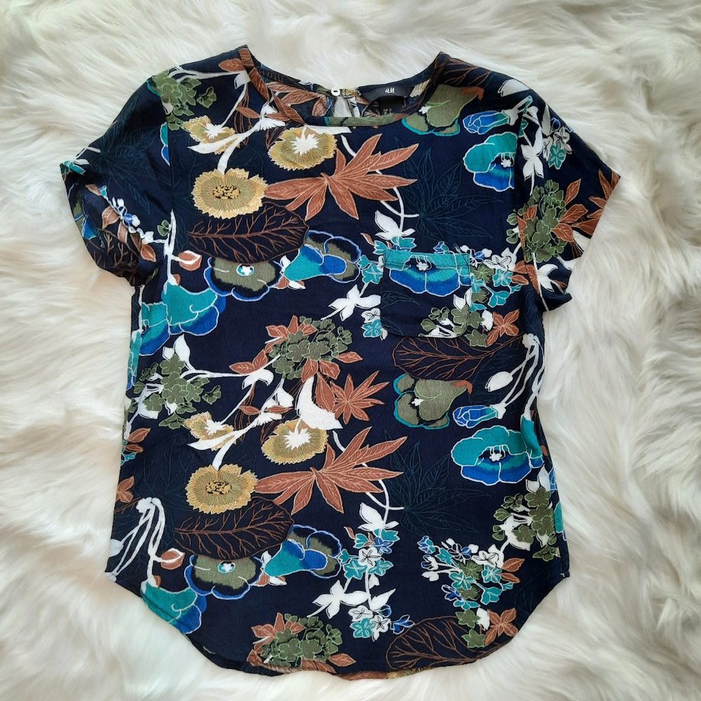 H&M - Navy Blue Floral Print Short Sleeve Shirt Blouse
